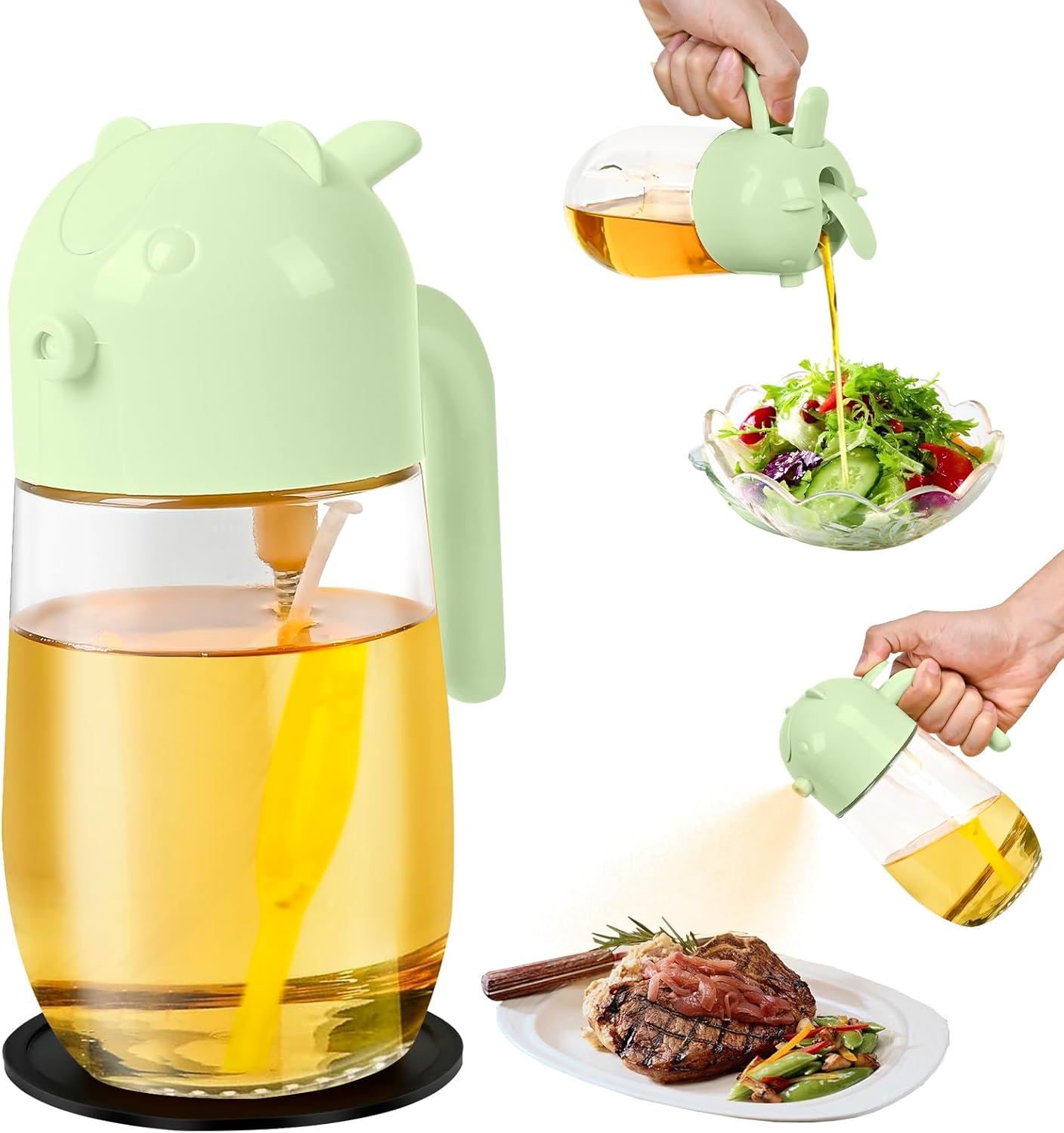 580ml/20oz 2 in 1 Oil Dispenser and Oil Sprayer for Cooking, Glass Olive Oil Dispenser Bottle with Silicone Mat, Food-grade Oil Dispenser for Kitchen, BBQ, Air Fryer, Salad, Baking (Green) Green 580ml