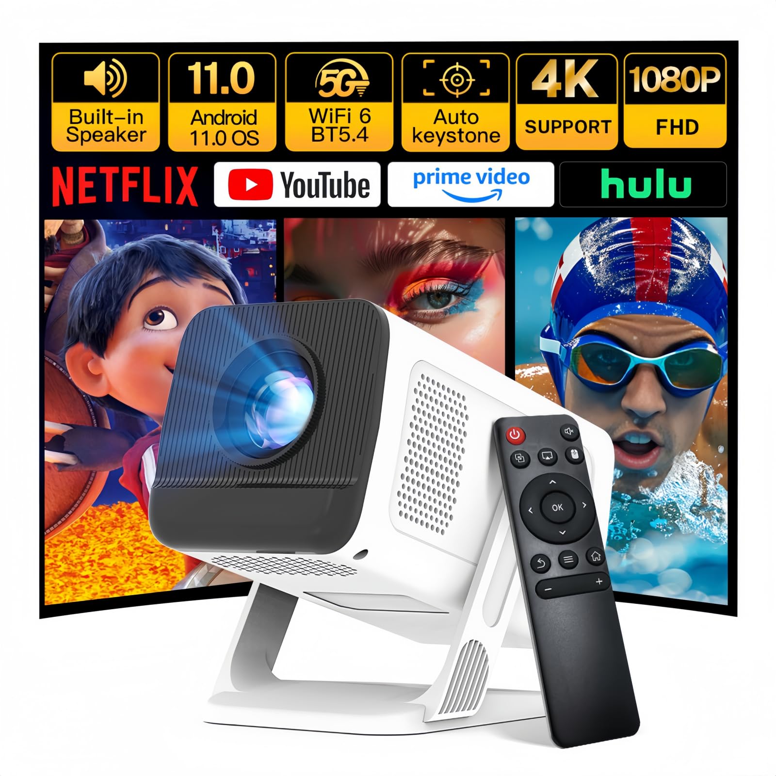 Mini Projector 1080P 4K Support with WiFi 6 and Bluetooth 5.4, Auto Keystone, Android 11, Short Throw Smart Video Projector 270° Rotatable, Compatible with HDMI/USB/iOS LYNCAST VisualCube 300