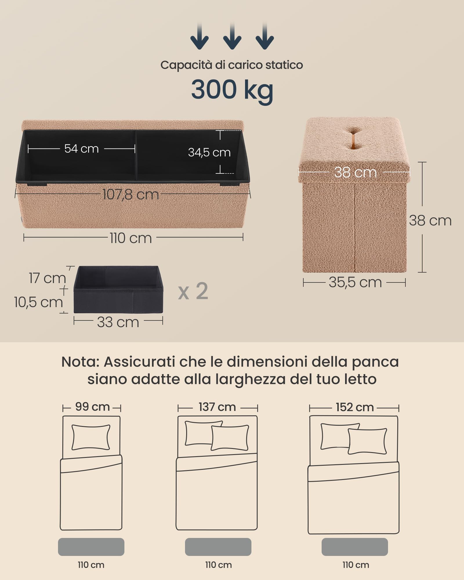 SONGMICS Cassapanca, Pouf Contenitore, Sgabello Poggiapiedi Pieghevole 38 x 110 x 38 cm, Regge fino a 300 kg, per Soggiorno, Camera da Letto, Ingresso, Marrone Cammello LSF097K01V1