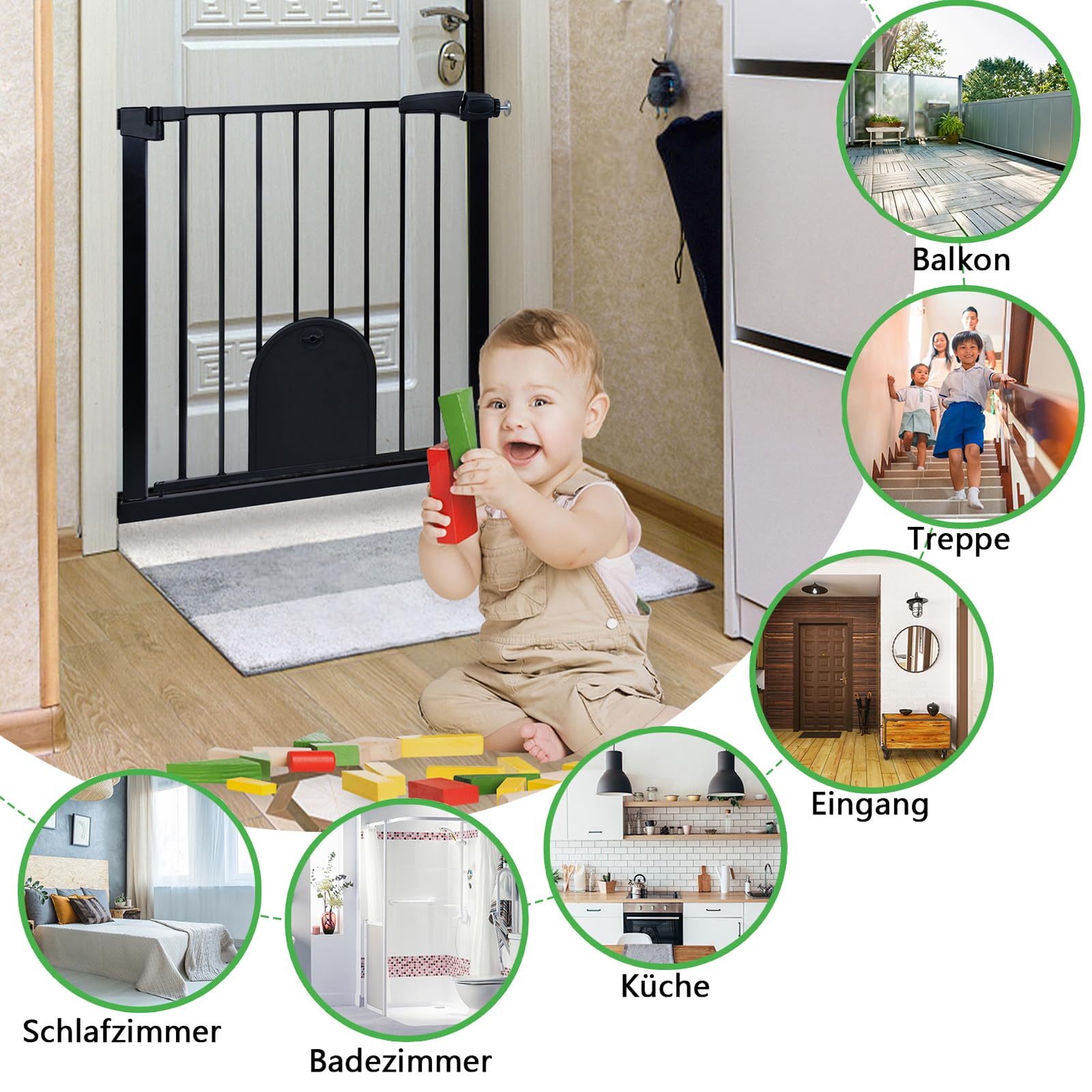 NAIZY Barrera de seguridad para niños, incluye puerta para animales, protección de escaleras N Stop Safety Gate con sin taladrar y rejilla metálica, ampliable con extensión separada, 85-95 cm de