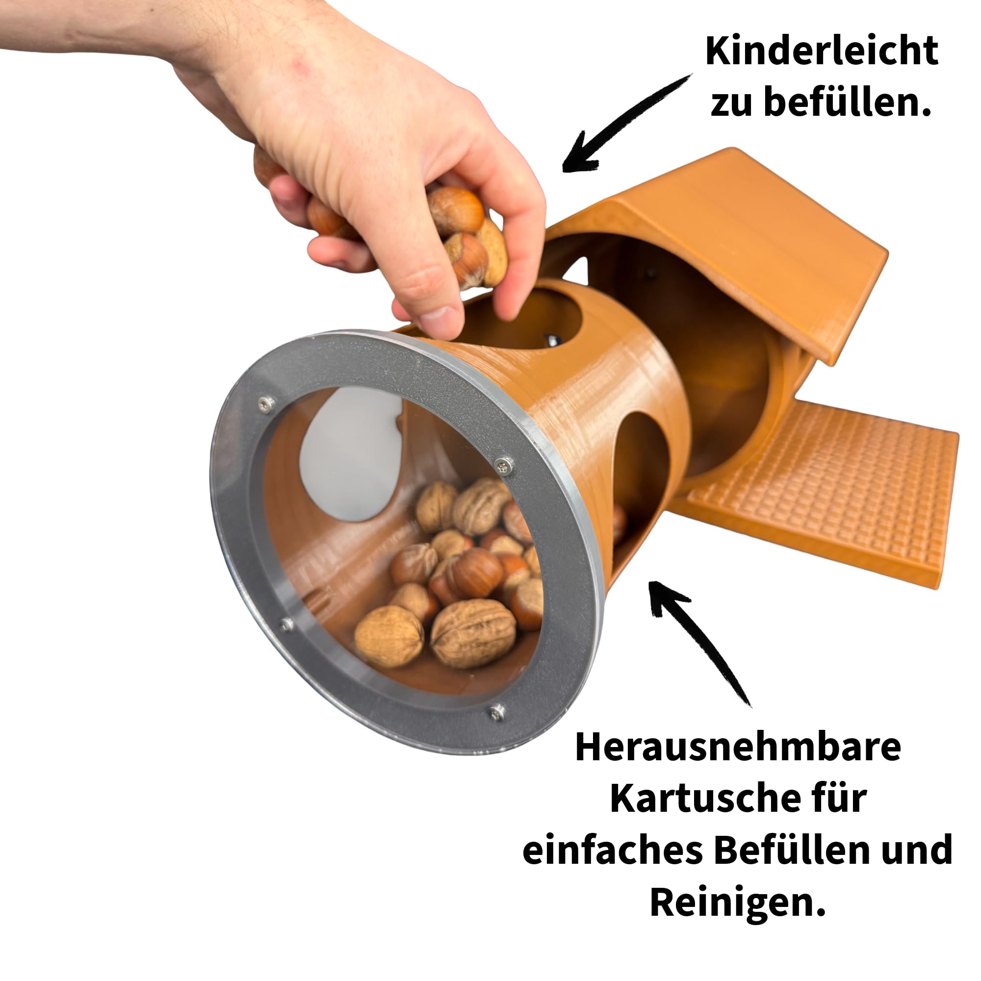 Eichhörnchen-Futterhaus mit seitlichen Rundöffnungen – leicht zu reinigen Dank herausnehmbarer Kartusche (Braun, mit grauem Frontring)