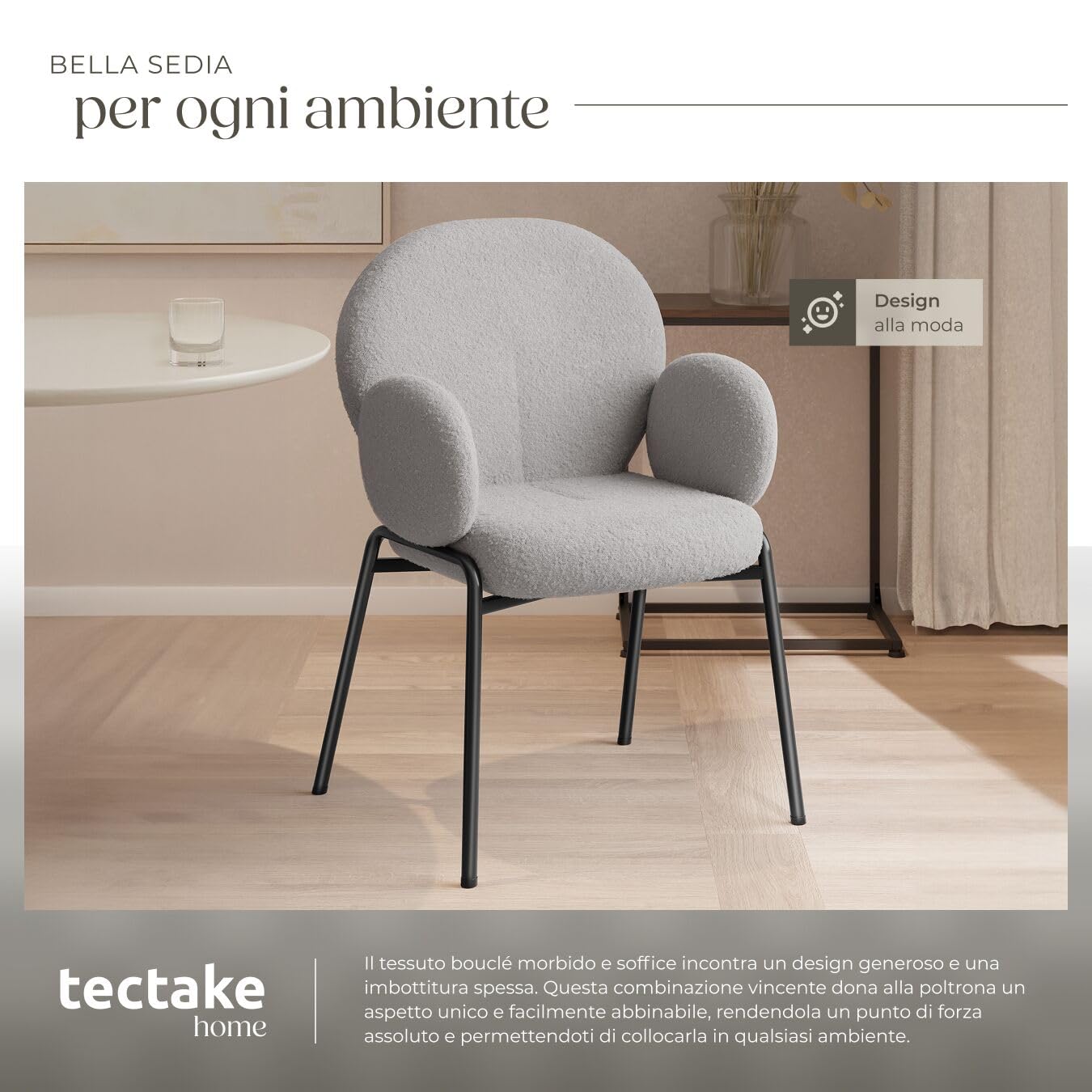 tectake® 1 Poltrona Salotto Stile Scandinavo con Braccioli, Poltrona Relax con Morbida Imbottitura, Tessuto Bouclé, Gambe in Acciaio, Comoda Poltroncina Imbottita da Lettura - Grigio Chiaro