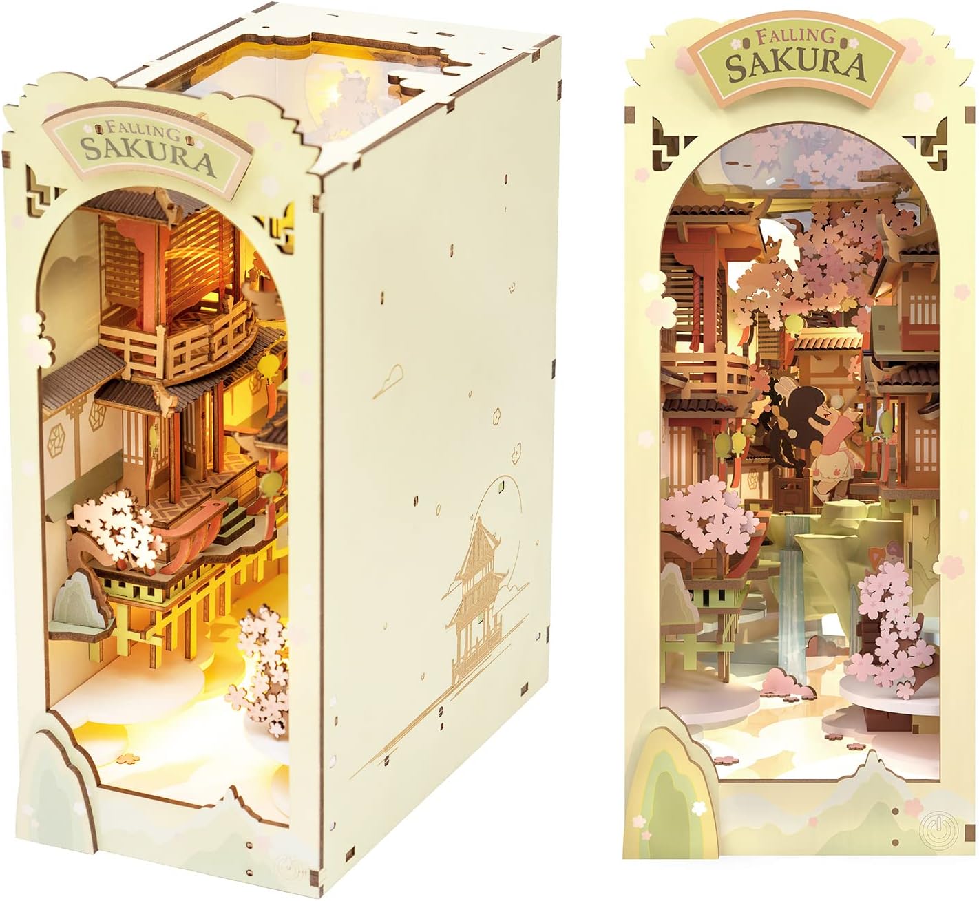 Rolife DIY Book Nook Kit 3D Wooden Puzzle 9" Bookshelf Insert Decor Bookends with LED Wooden Bookend Miniature Kit Crafts Hobbies Gifts for Adults (Falling Sakura)