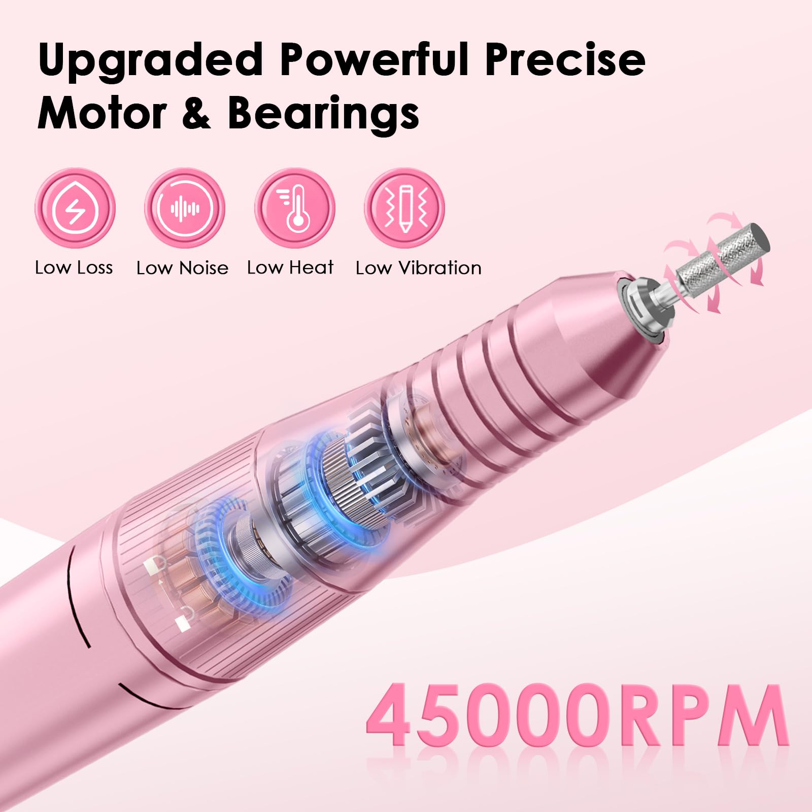 HUGMAPLE Lime à ongles électrique professionnelle 45 000 tr/min portable avec embouts et base, kit de perceuse à ongles sans fil rechargeable pour façonner, enlever et polir les ongles en gel pour