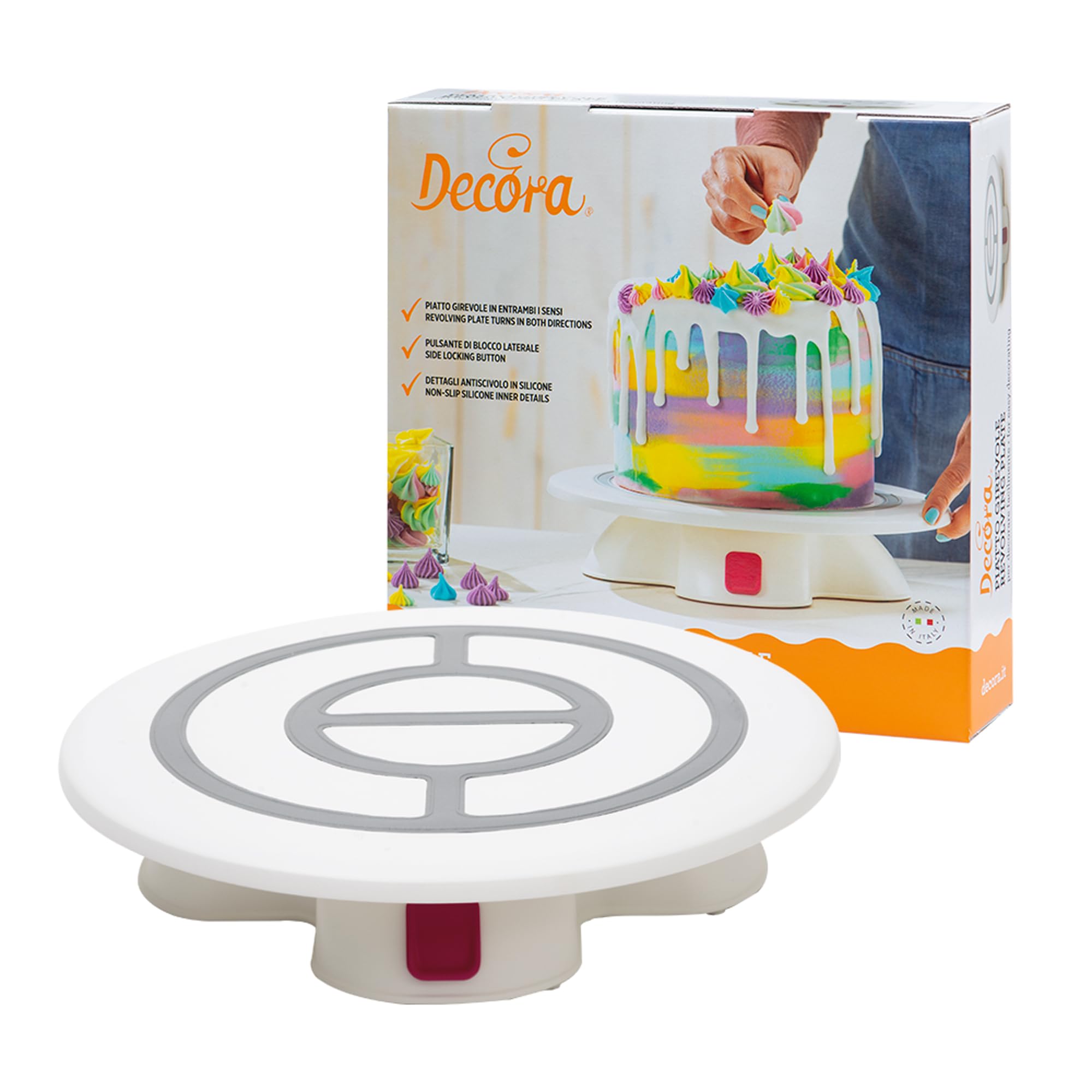 DECORA, 9271050 Plateau Tournant en Plastique, Support Rotatif Professionnel en Plastique, Facile à Nettoyer, Base Antidérapante, Avec Bouton de Blocage, Diamètre de 32 centimètres, Fabriqué en Italie