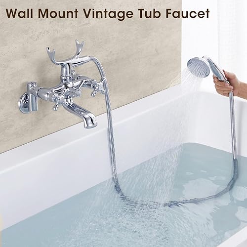Miniatura 7 de Grifo de bañera de 3 a 9 pulgadas de centro, montaje en pared, grifo de bañera con ducha de mano, cromado, vintage, grifo llenador de bañera de