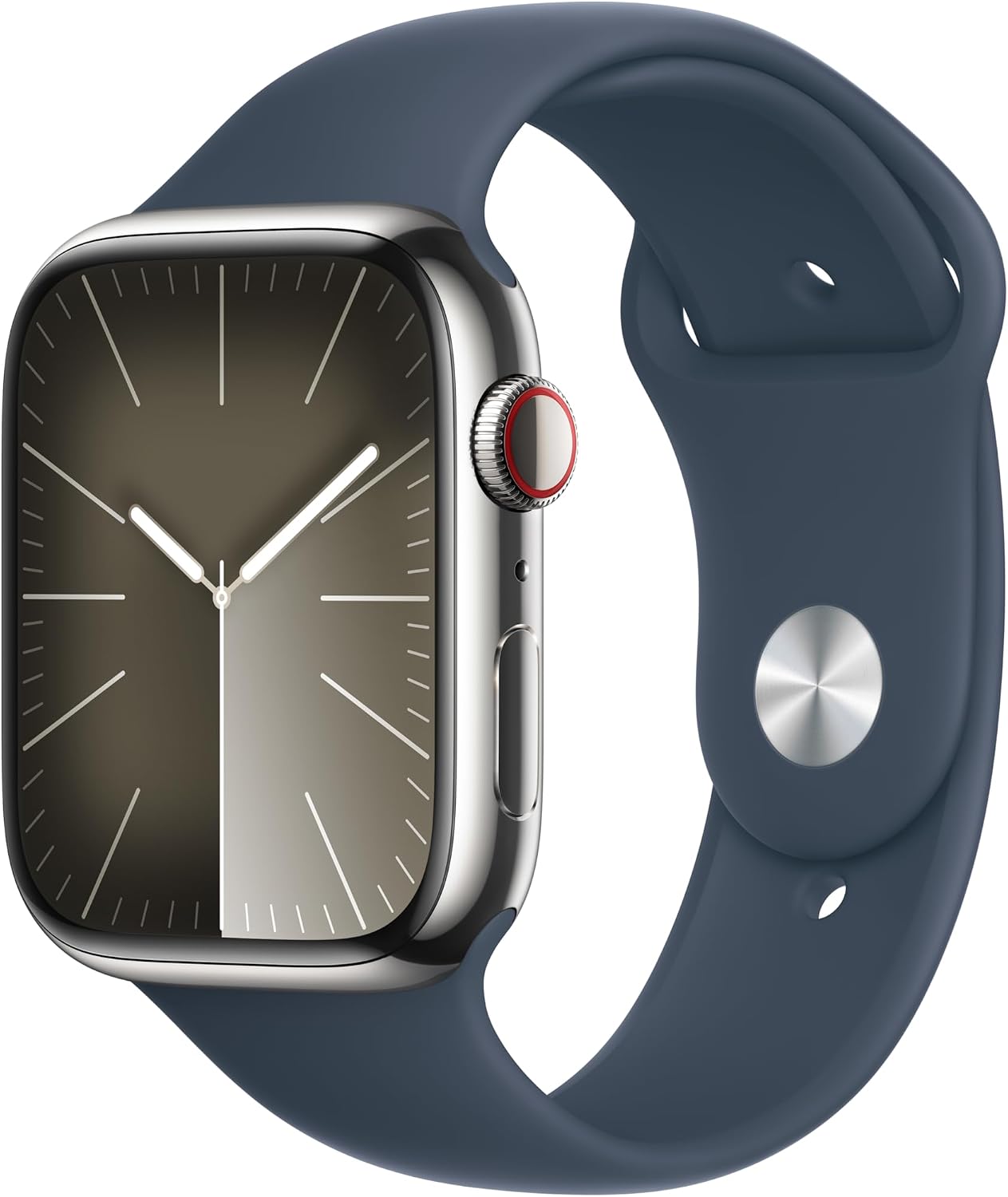 Apple Watch Series 9 [GPS + Cellular, 45mm] - Silver Stainless Steel Case with Storm Blue Sport Band, S/M (Renewed)