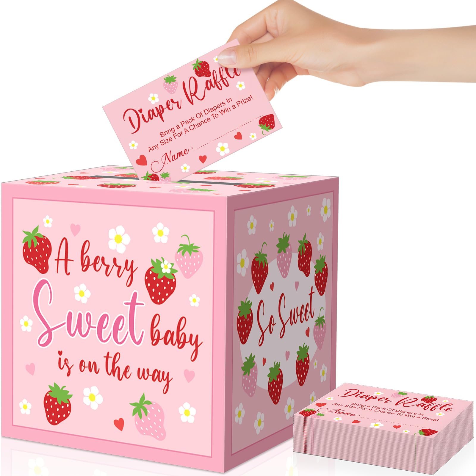 51Pcs Pink Strawberry Diaper Raffle Tickets with Box Strawberry Baby Shower Game Kit Party Decors Favor A Berry Sweet Baby Is On The Way Holder Box for Girl Boy Gender Reveal Party Invitation Supplies