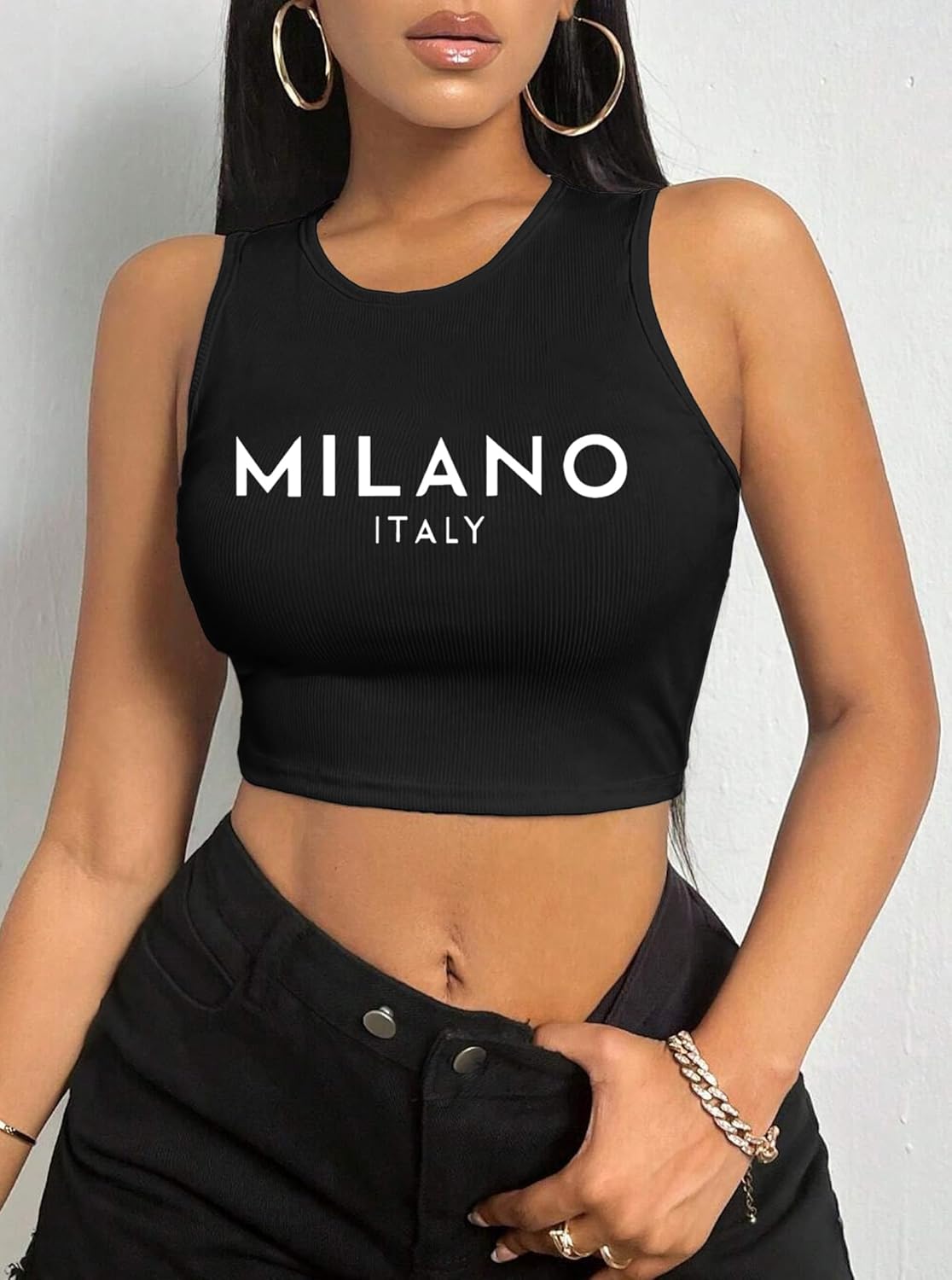 Hilinker Women's Summer Tank Tops Sleeveless Letter Graphic Printed Ribbed Knit Basic Crop Cami Tops Shirt - Image 2