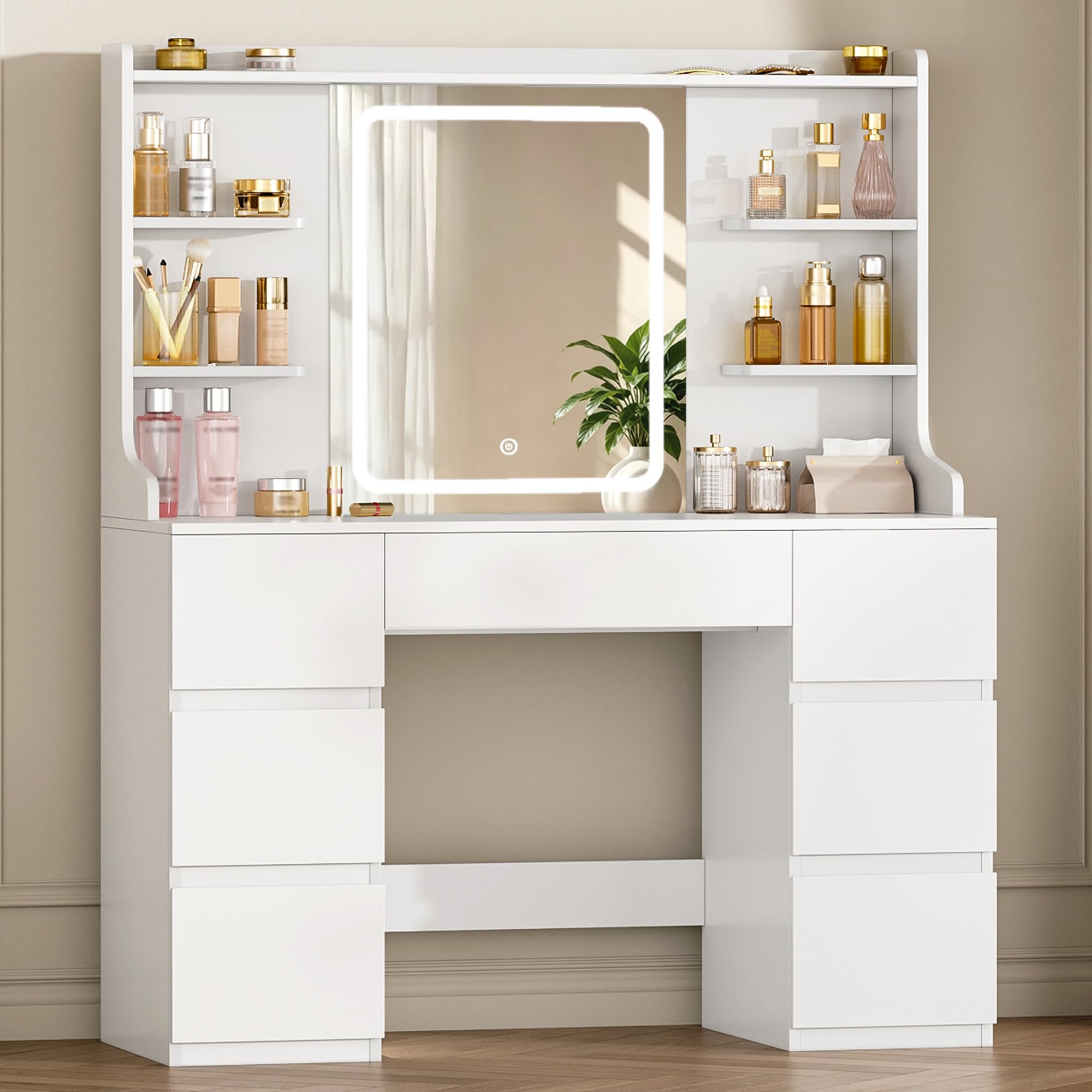Hzuaneri Dressing Table with Mirror, Adjustable LED Lights, 7 Drawers