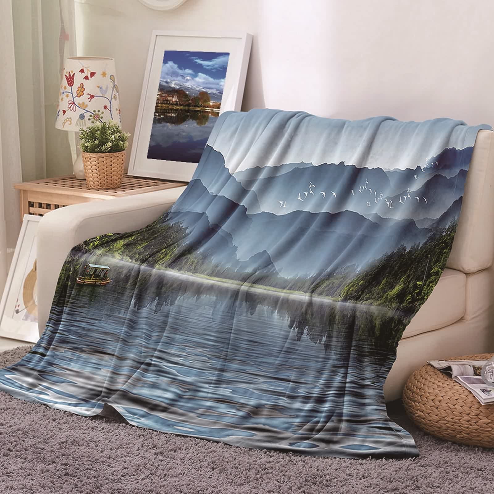 Plaid couverture polaire flannel KnSam 100x150cm motif montagne bleu