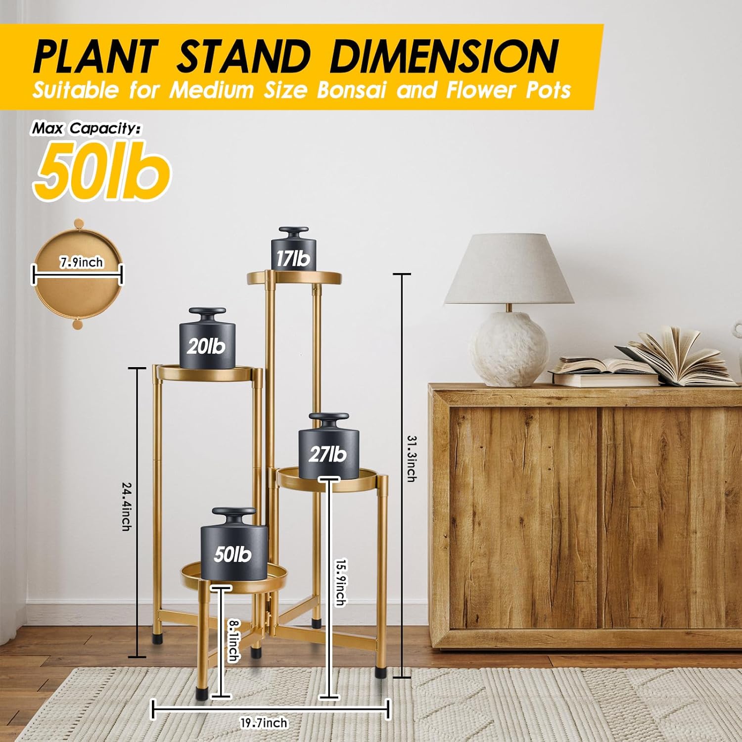 4 Tier Plant Stand Indoor Outdoor, 31 Inch Tall Metal Plant Shelf Waterproof, Plant Holder with Folding Design For Home, Living Room, New Upgrate Gold