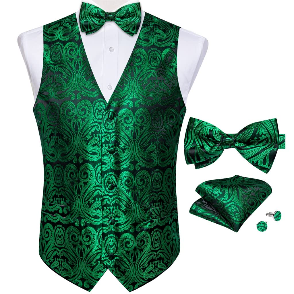 Gilet smoking homme vert paisley avec nœud papillon soie taille XL