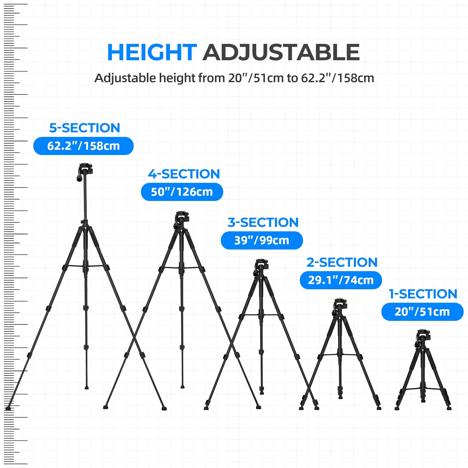 Ambitful 62" Professional Camera Tripod, Black - Removable Horizontal Mount for DSLR/Phone/Camcorder/Spotting Scopes, Tall Video Recording