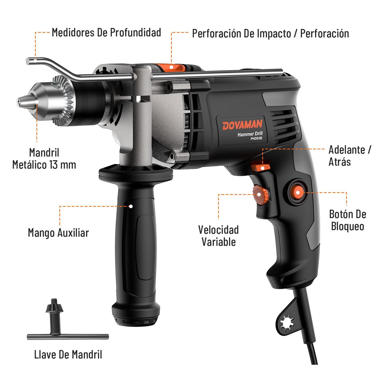 DOVAMAN Taladro Percutor Eléctrico 850W, Función 2 en 1, Mandril de 13 mm, Velocidad Ajustable 0-3000 RPM, Set de Taladro con Cable y Accesorios para Hormigón, Metal, Madera
