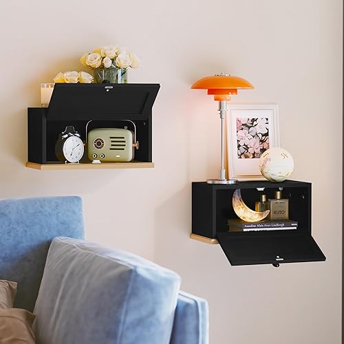 Miniatura 6 de HLR Morden - Mesita de noche flotante, mesita de noche pequeña para dormitorios, mesita de noche flotante montada en la pared con borde dorado, negro