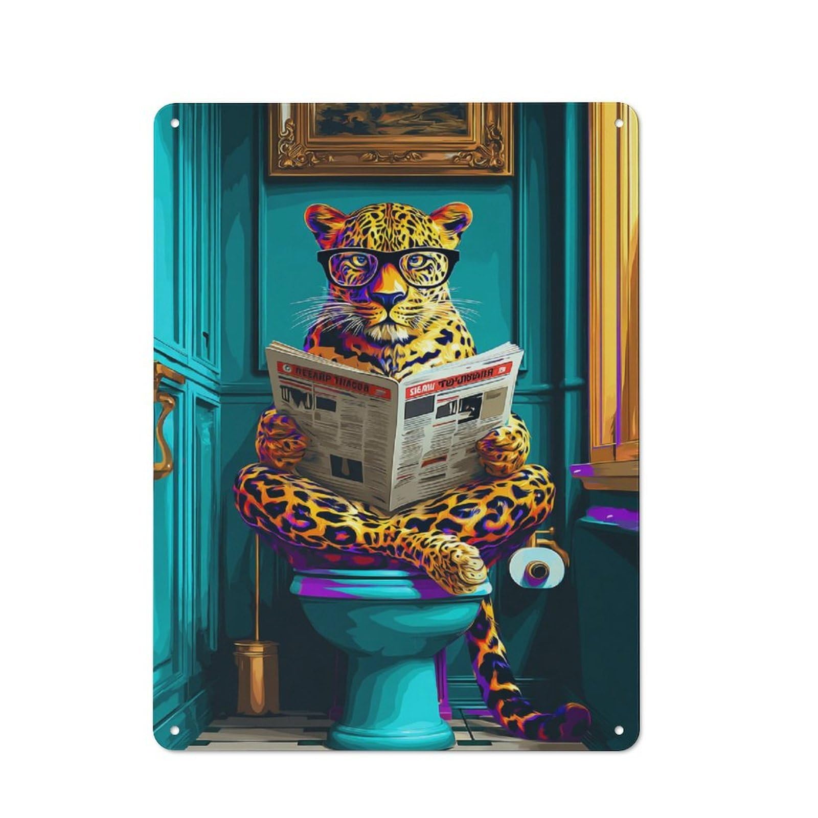 Junmoney Leopard Reading Newspaper On Toilet-4 Retro Metal Plaque 40X30cm Featuring For Home Bar Wall, For Room Styling Across Home Bars And Entertaining Spaces