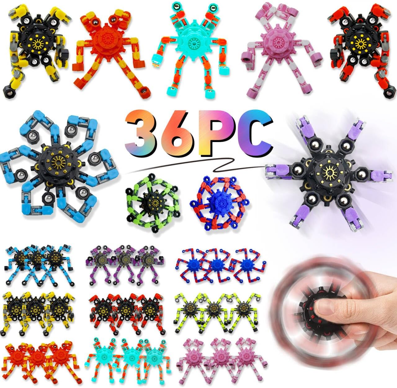 Transformable Fidget Spinners,Funny Stress Relief Sensory Fidget Toys,Deformable Chain DIY Robot Fingertip Gyros Toys Party Favors Easter Basket Stuffers for Kids and Adults (36PC)