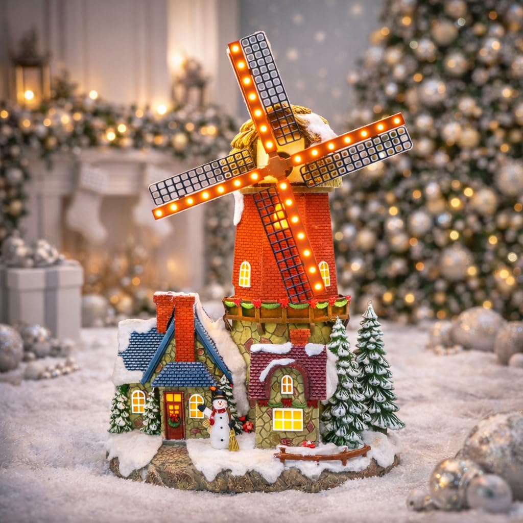 Lighted Windmill Christmas Village Building LED Lights & Animation 12.2” Handcrafted House Battery Operated Holiday Decoration Gift Wrapped Ready