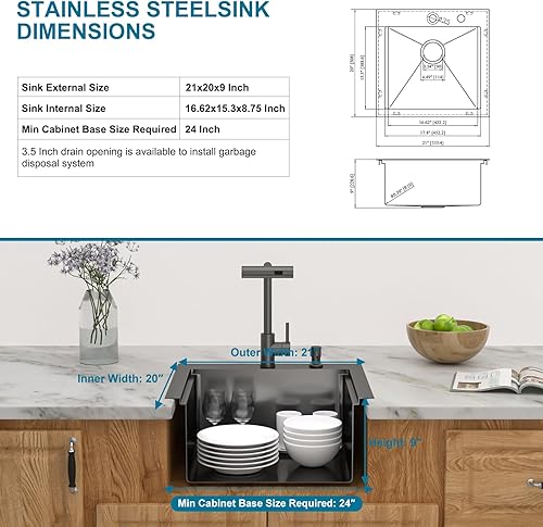 Miniatura 7 de Fregadero de cocina negro de 21 pulgadas, fregadero de preparación de bar, estación de trabajo, fregadero pequeño de acero inoxidable calibre 16 con
