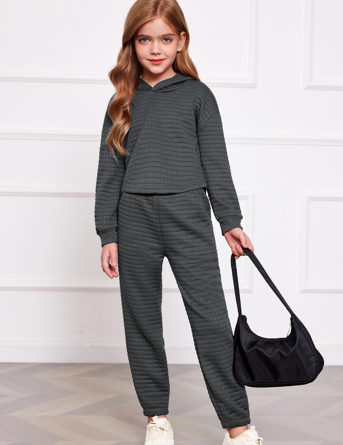 Arshiner Girls 2 Piece Outfit Waffle Knit Pullover Hooded Sweatshirt and Sweatpants Clothing Sets Long Sleeve Tracksuits - Image 4