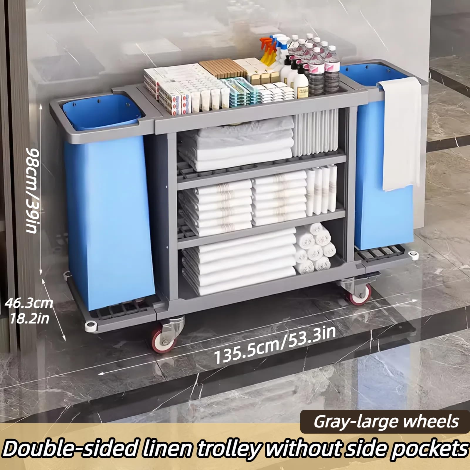Hotelreinigung Handwagen,Gewerblicher Reinigungswagen, Hotel-Reinigungswagen Mit Klappbaren SeitenwäNden,FüR Hotels Und BüRos Hotelwagen WäSchewagen,Grau,53.3×18.2×39in(Lg)