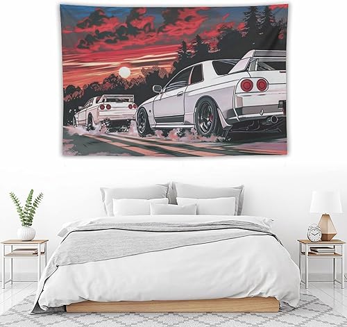 Miniatura 5 de QEOPGNE Tapiz japonés R32 para automóvil deportivo, arte de pared de automóvil retrowave de anime, decoración de pared de auto de carreras Jdm,