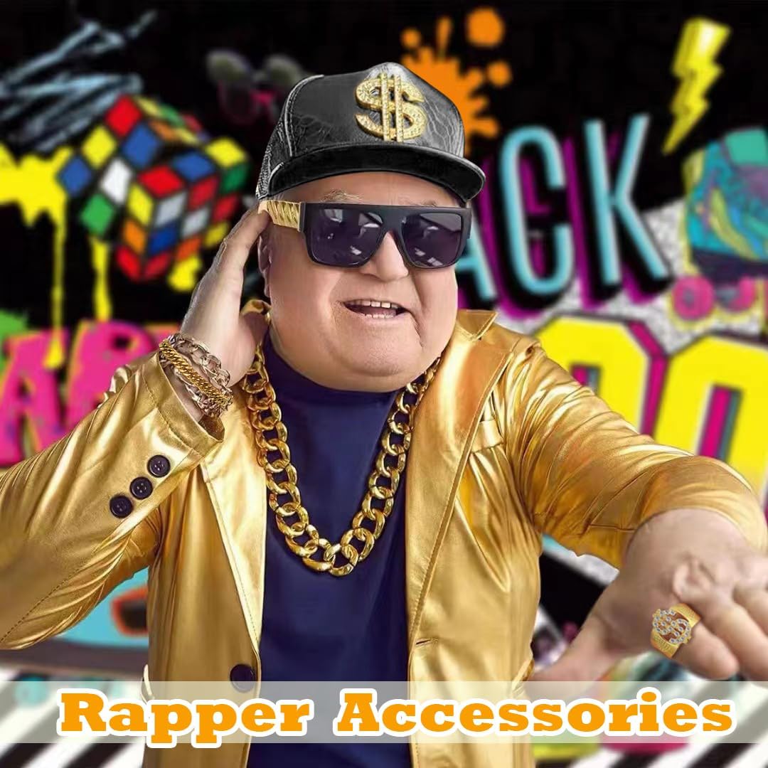 80s 90s Hip Hop Costumes Outfit Kit Fake Gold Chain Necklace Dollar Sign Cap Jewelry Set Rapper Accessories - Image 2