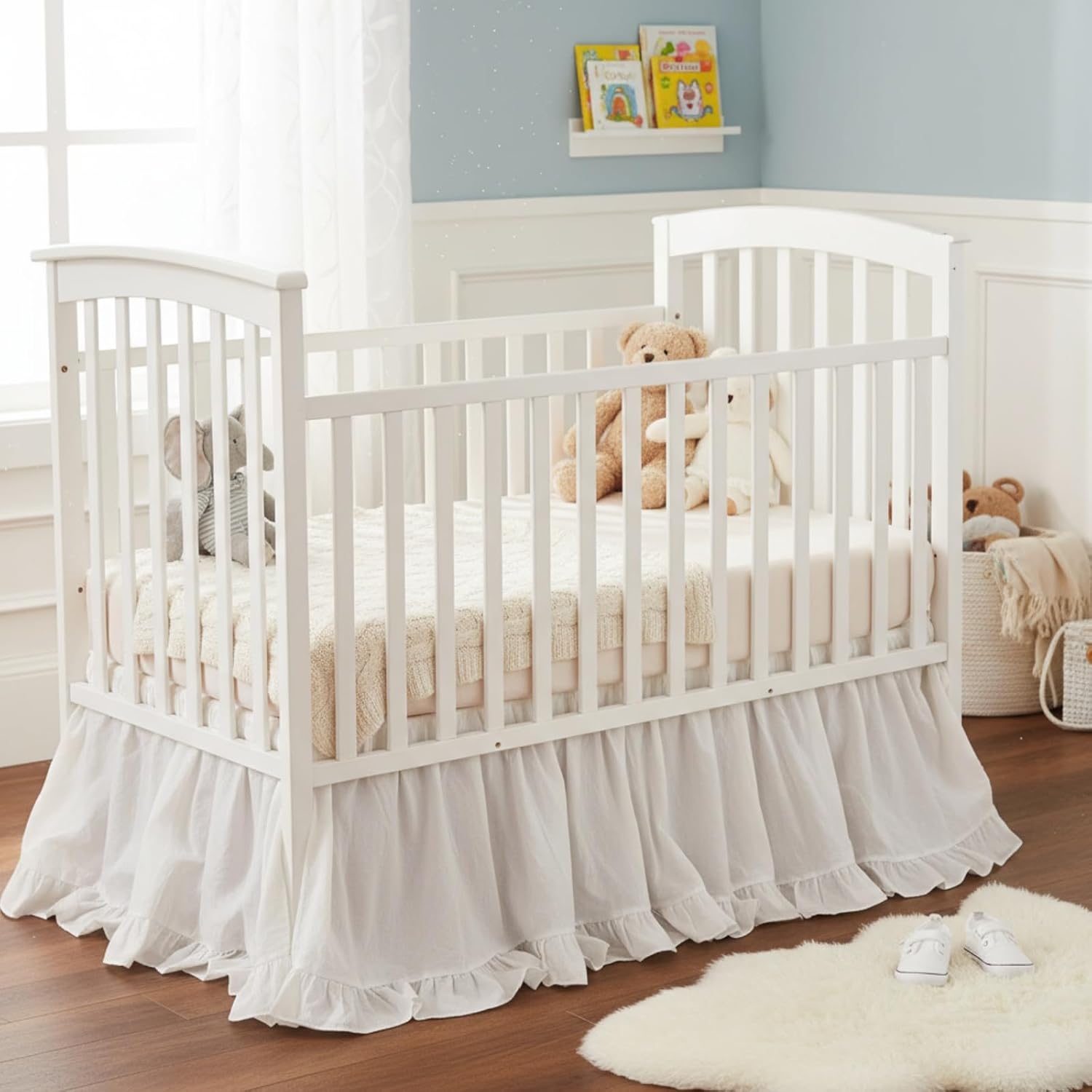 White Crib Skirt Dust Ruffle 28" x 52" with 16" Drop–100% Washed Cotton Baby Bed Crib Skirt for Boys & Girls' Cribs, Durable & Fade - Resistant Nursery Bedding, Fits Standard Cribs (Boho)