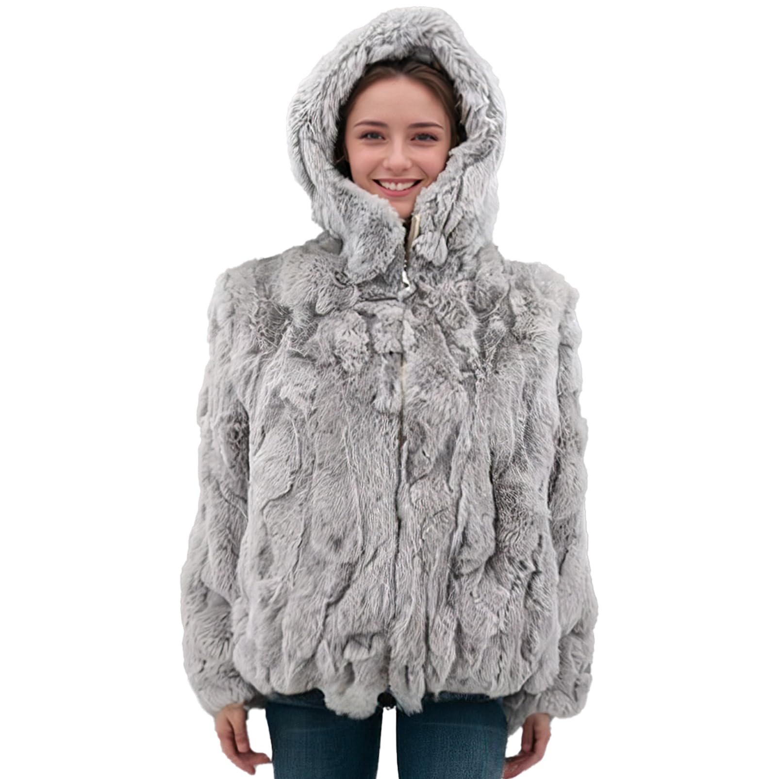 LVCOMEFF Women Real Rex Rabbit Fur Coat High Collar with Hood plus size Furry Outwear Warm Winter