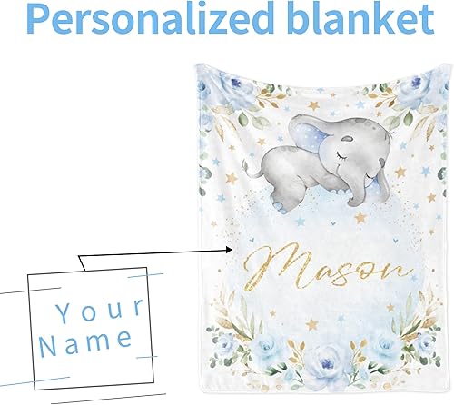 Miniatura 3 de Manta personalizada de elefante con nombre para niño, manta con nombre personalizado para niños, manta de franela suave de elefante azul, regalo