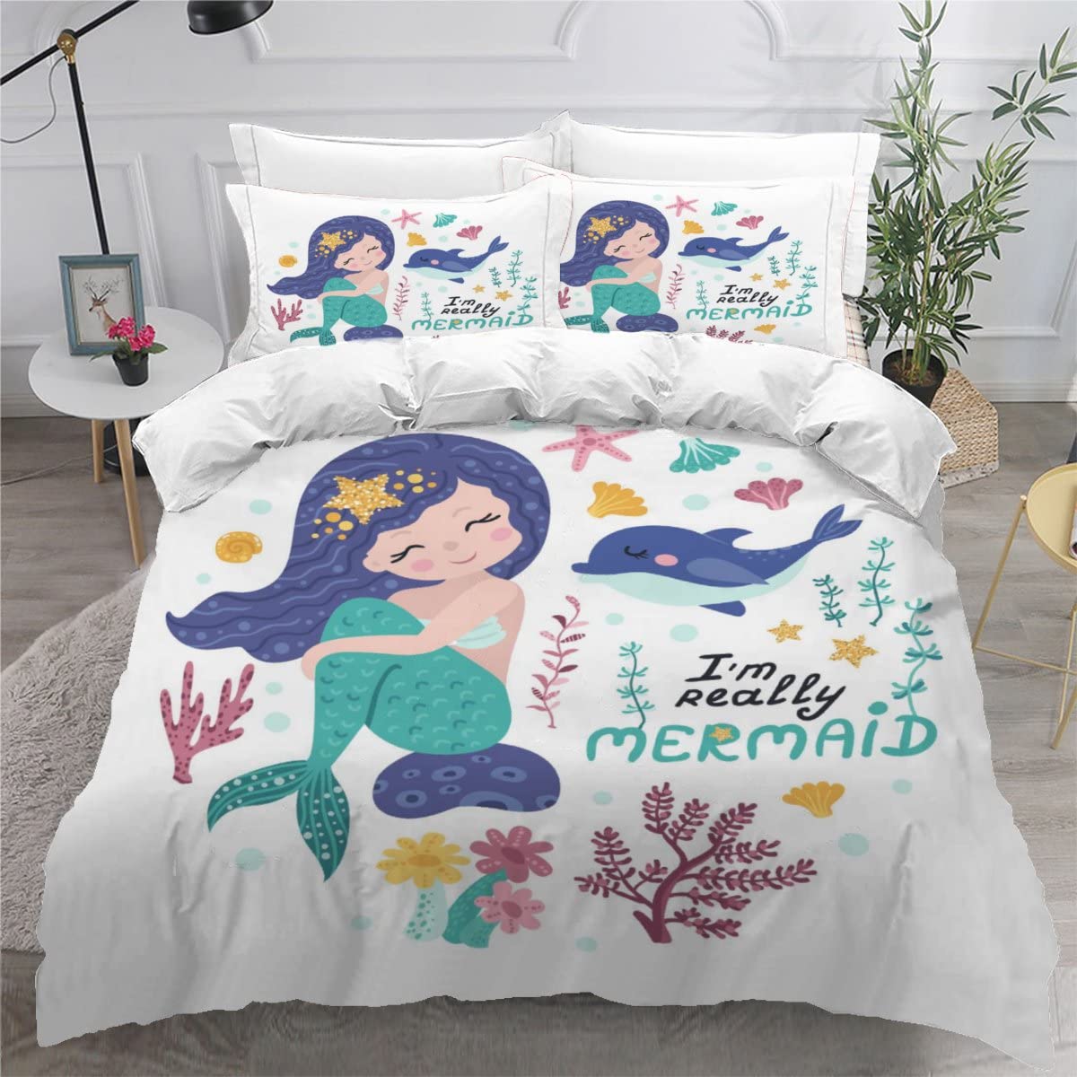 Housse de couette sirène 220x240 pour une chambre adulte theme océan féerique et cocooning mignonne