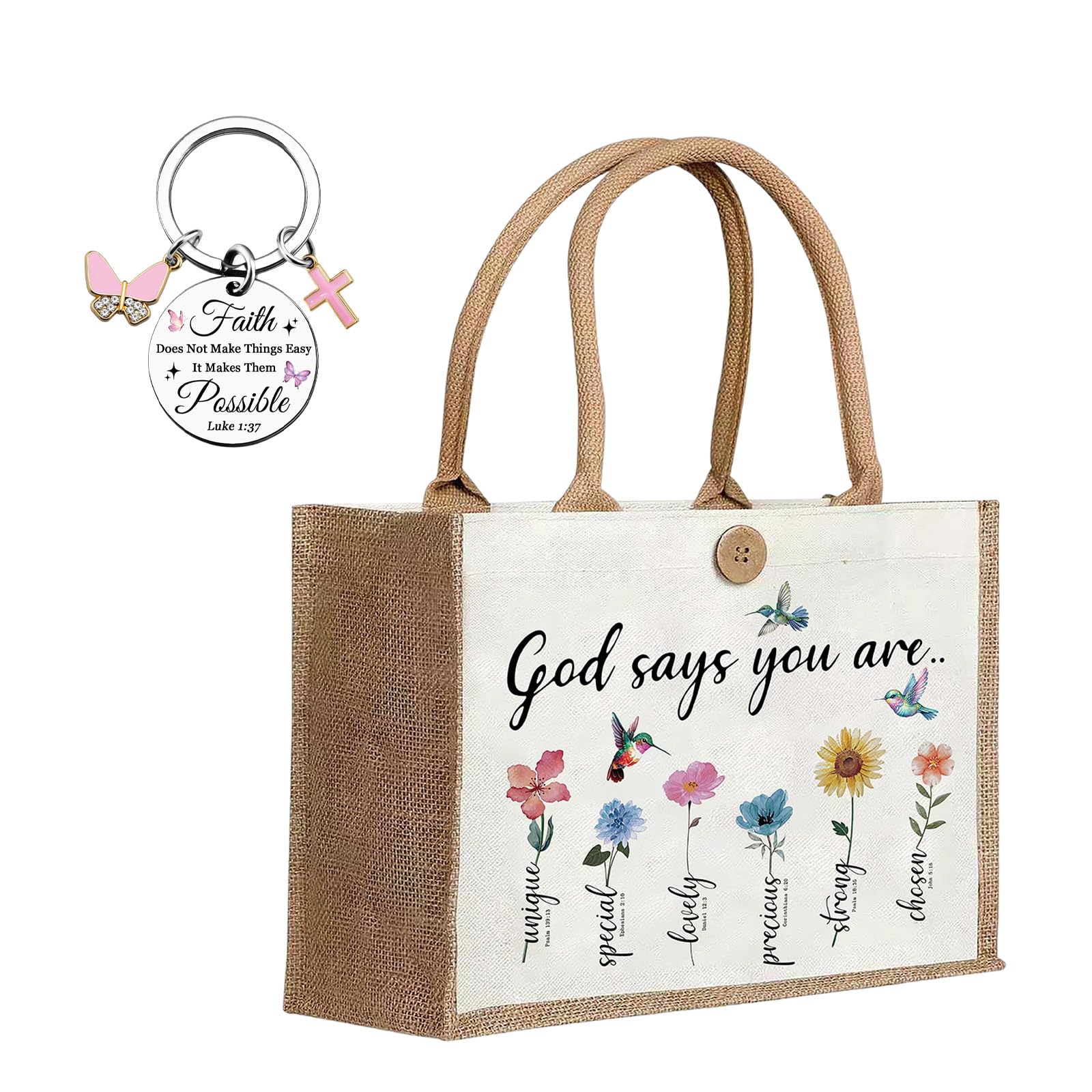 Velorin Christian Gifts for Women, Double-Sided Printed Spiritual Gifts Tote Bag with Religious Keychain, Practical Bible Verse Tote Bag for Church and Daily Travel