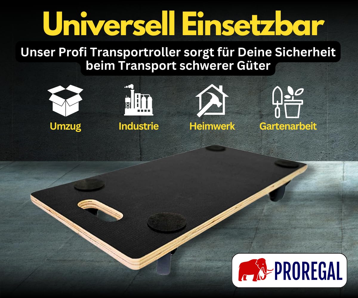 PROREGAL 2erSet Profi Transportroller Hercules 60x30 cm Schwerlast bis 200 kg mit 4 Gummirollen & Griff, Siebdruckplatte rutschfest, Rollbrett für Möbel Waschmaschine Möbelroller Pflanzen Werkstatt