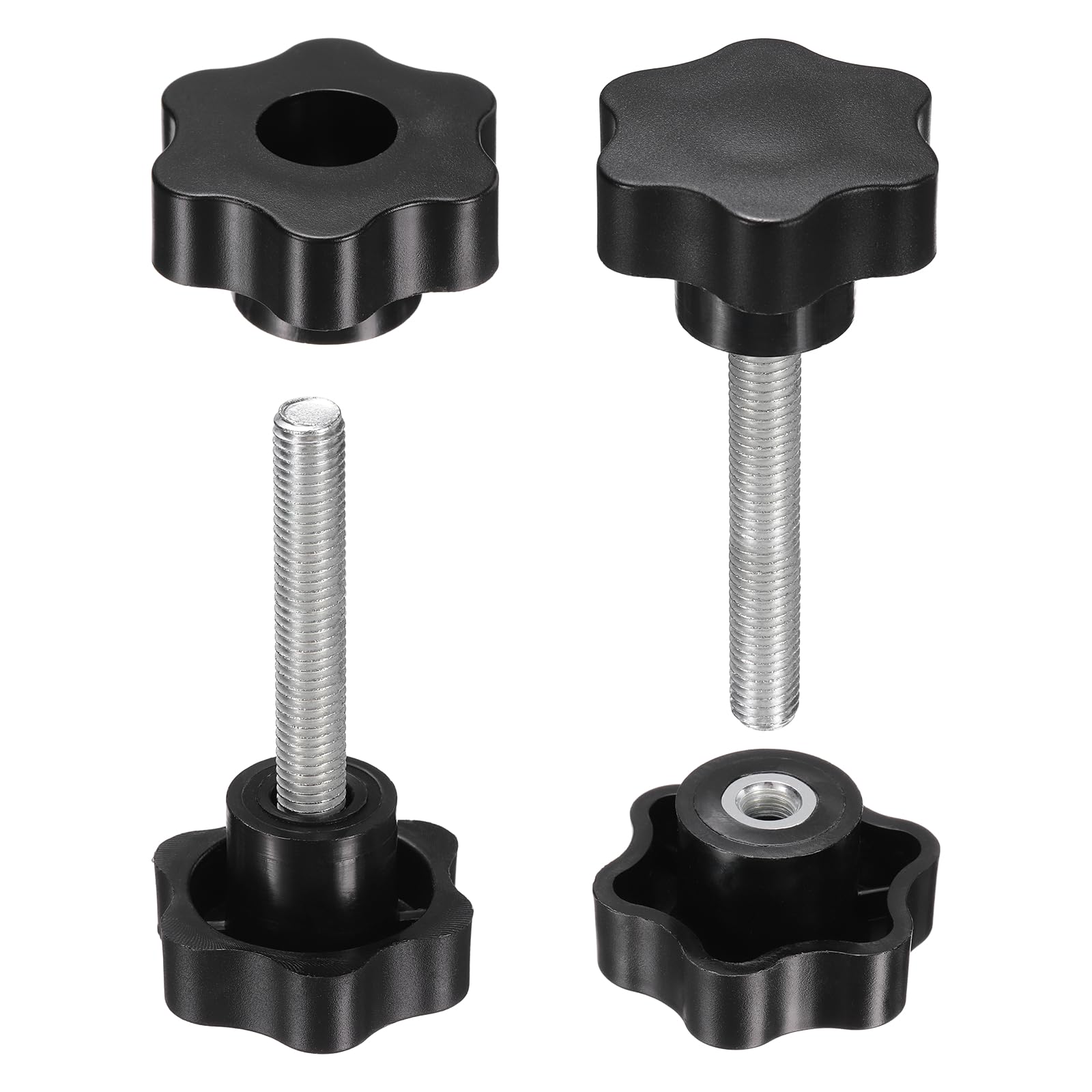 sourcing map 2 Set Star Knobs M10 x 70mm Male + M10 Female Thread 48mm Head Metric 6-Star Threaded Stud Clamping Handles Screw in Through Hole Hand Jig Knob Thumb Screws, Black