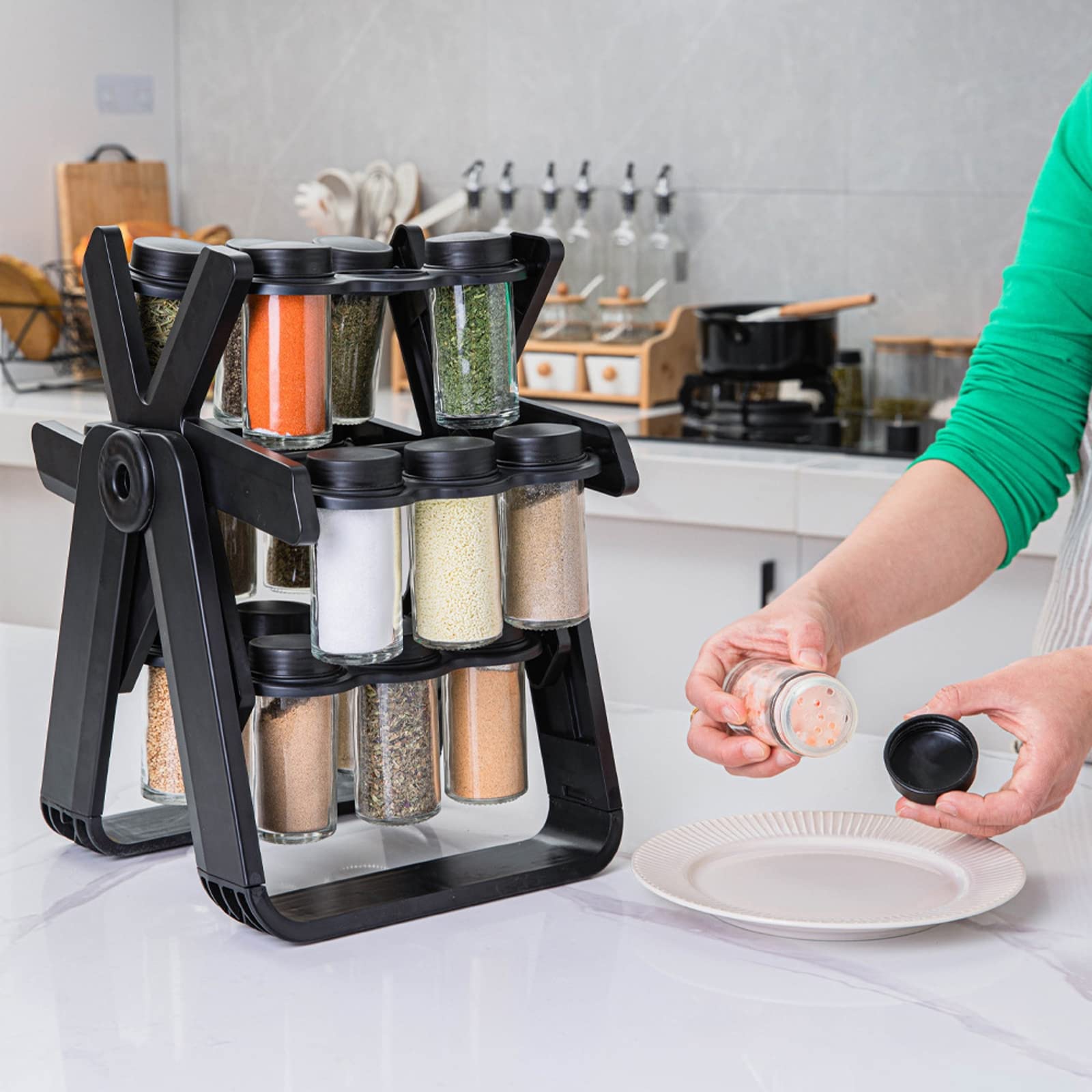 Carosello delle spezie, tornello delle spezie a 360°, ripiano per Erbe e spezie con 18 barattoli di Vetro – giostra Rotante per Piano Cucina,Nero