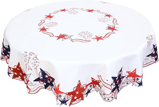 Embroidered July 4th Holiday Red, White and Blue Patriotic Tablecloths for American Independence Day, Memorial Day Round 70 inches