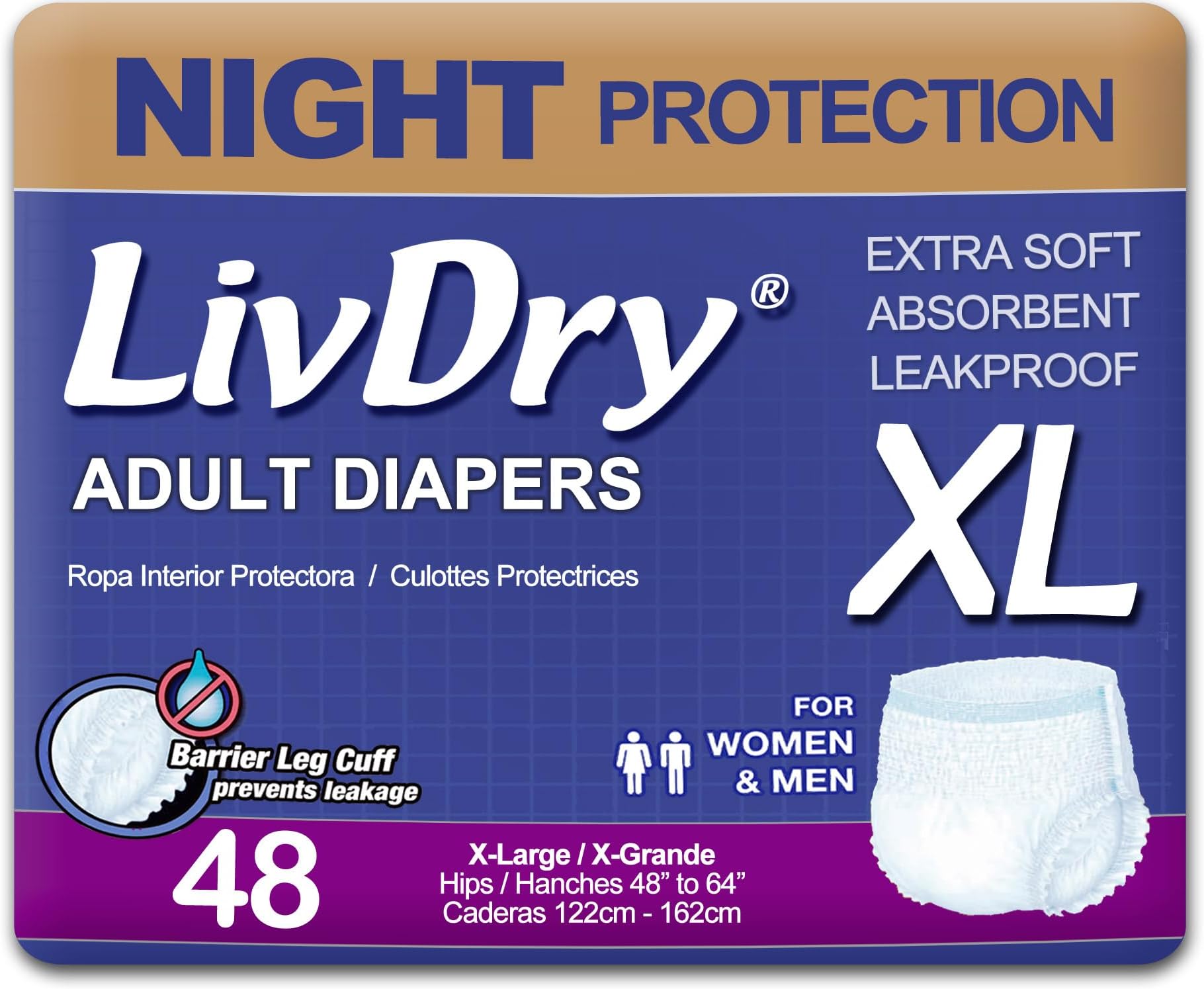 - LivDry Adult XL Incontinence Underwear, Overnight Comfort Absorbency, Leak Protection, X-Large, 48-Pack