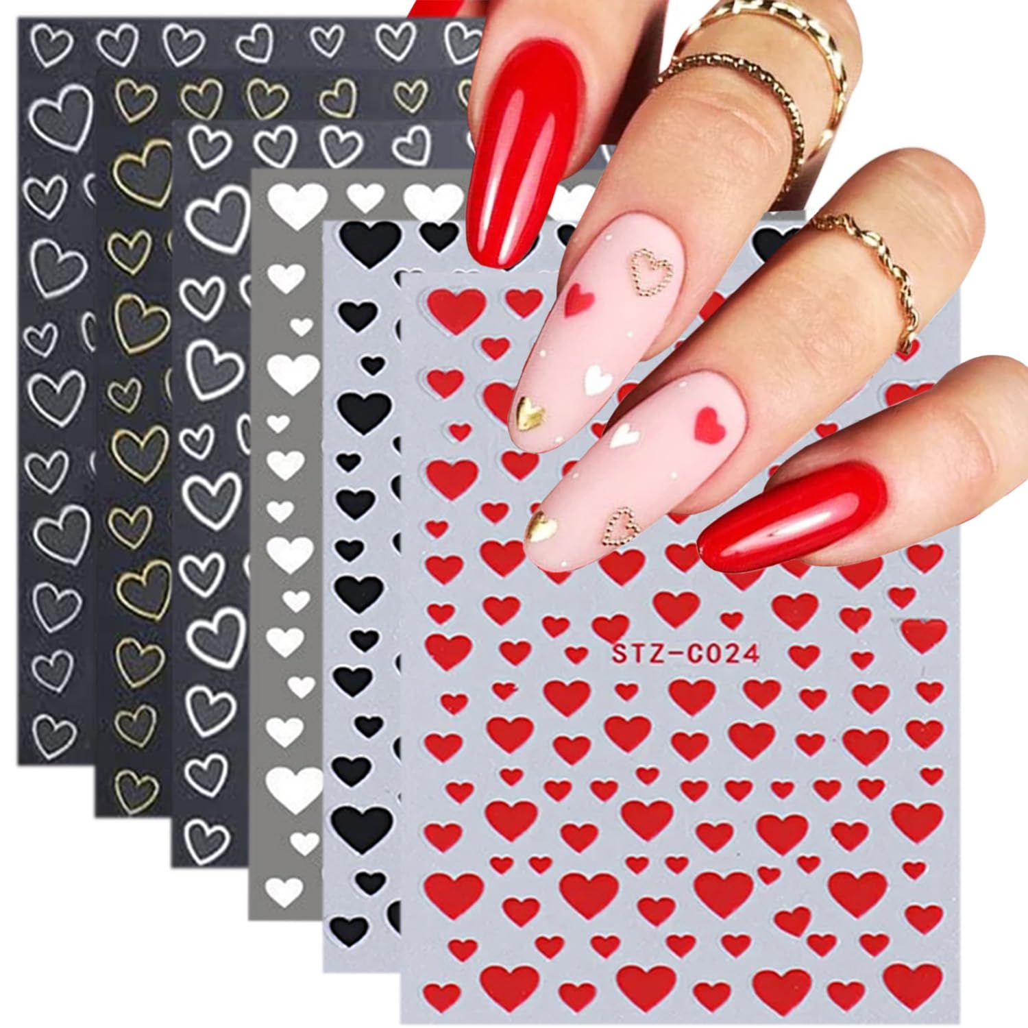 6 Sheets 3D Self-Adhesive Glitter Heart Nail Art Stickers - Red Gold Designs Love Nail Decals DIY Colorful Nail Art Supplies for Women Girls Manicure Decorations