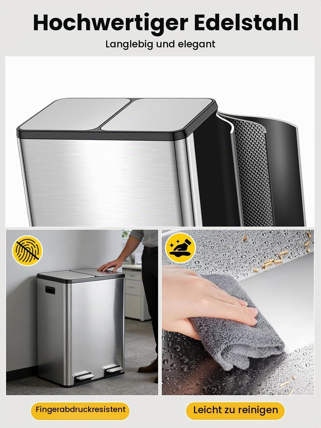 YEAUPE PRO Mülleimer Küche 40L 2x20L, 2 Fächer Abfalleimer mit Pedal, Edelstahl Mülltrennsystem, Treteimer mit Soft-Close Deckeln, Herausnehmbaren Inneneimern, Geruchsdicht, 15 Müllbeutel