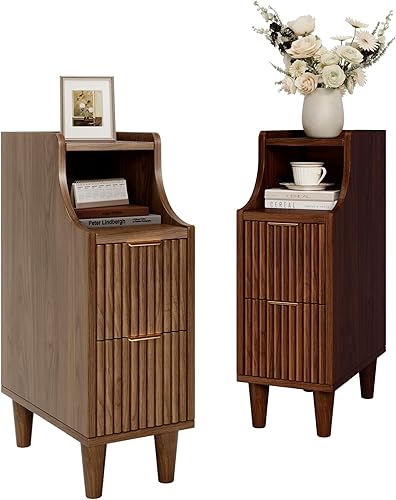 Miniatura 3 de Juego de 2 mesitas de noche acanaladas, mesita de noche estrecha con 2 cajones y almacenamiento, mesa auxiliar moderna de nogal para dormitorio,