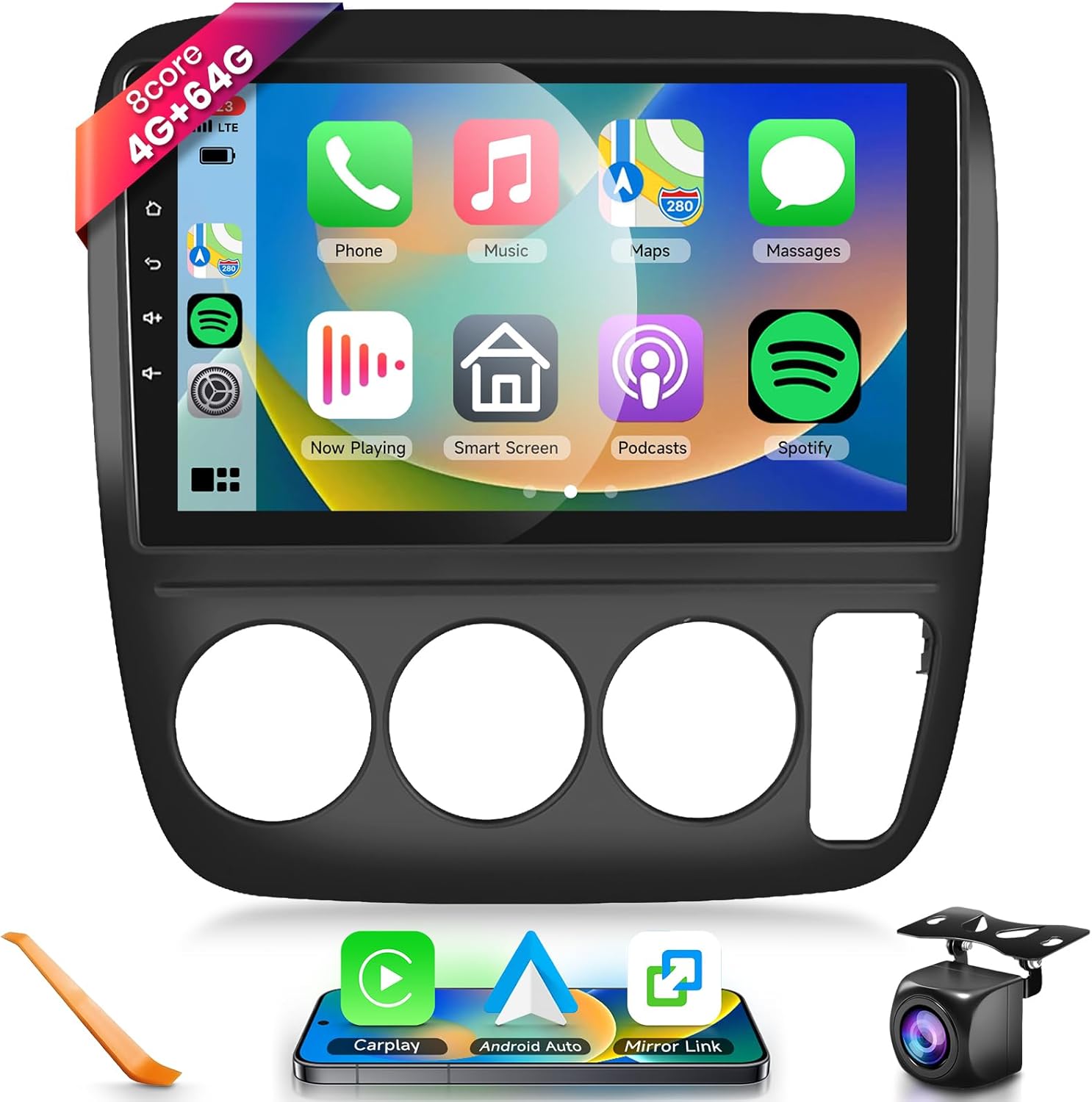 8-core 4G+64G Car Radio for Honda CRV 1997 1998 1999 2000 2001, Wireless Carplay Android Auto Car Stereo, 9 IPS Touchscreen with WiFi, GPS, Bluetooth,FM/RDS, 32EQ DSP, Rear Camera