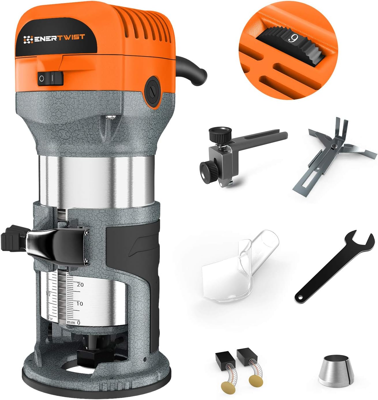ENERTWIST Compact Router Tool, 7.0-Amp 1.25HP Soft Start Variable Speed Wood Router Kit w/Fixed Base, 1/4" & 3/8" Collets, Edge Guide, Roller Guide, Dust Hood, Replacement Brush Set, ET-RT-710S