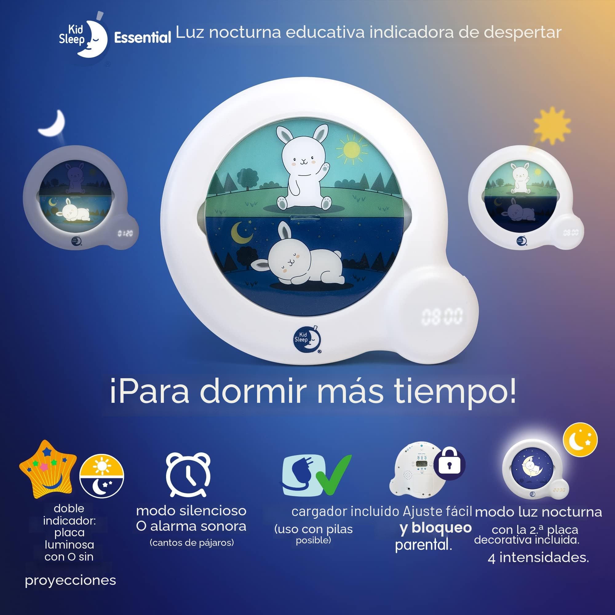 Pabobo – Indicador de Despertador Kid'Sleep Essential, para Dormir más Tiempo y tapprivilegiar el Tiempo. Luz Nocturna educativa. Programación fácil, Bloqueo de los Padres. Modo Silencio o Alarma de