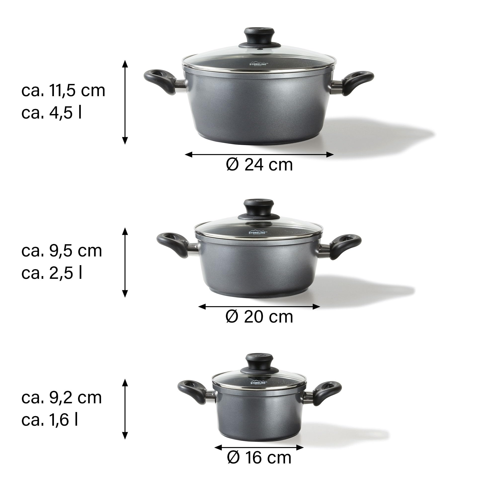 STONELINE Topfset Induktion, 6-teiliges Topfset mit Deckel, Kochtopf Set beschichtet mit echten Steinpartikeln, Aluguss Töpfe geeignet für alle Herdarten
