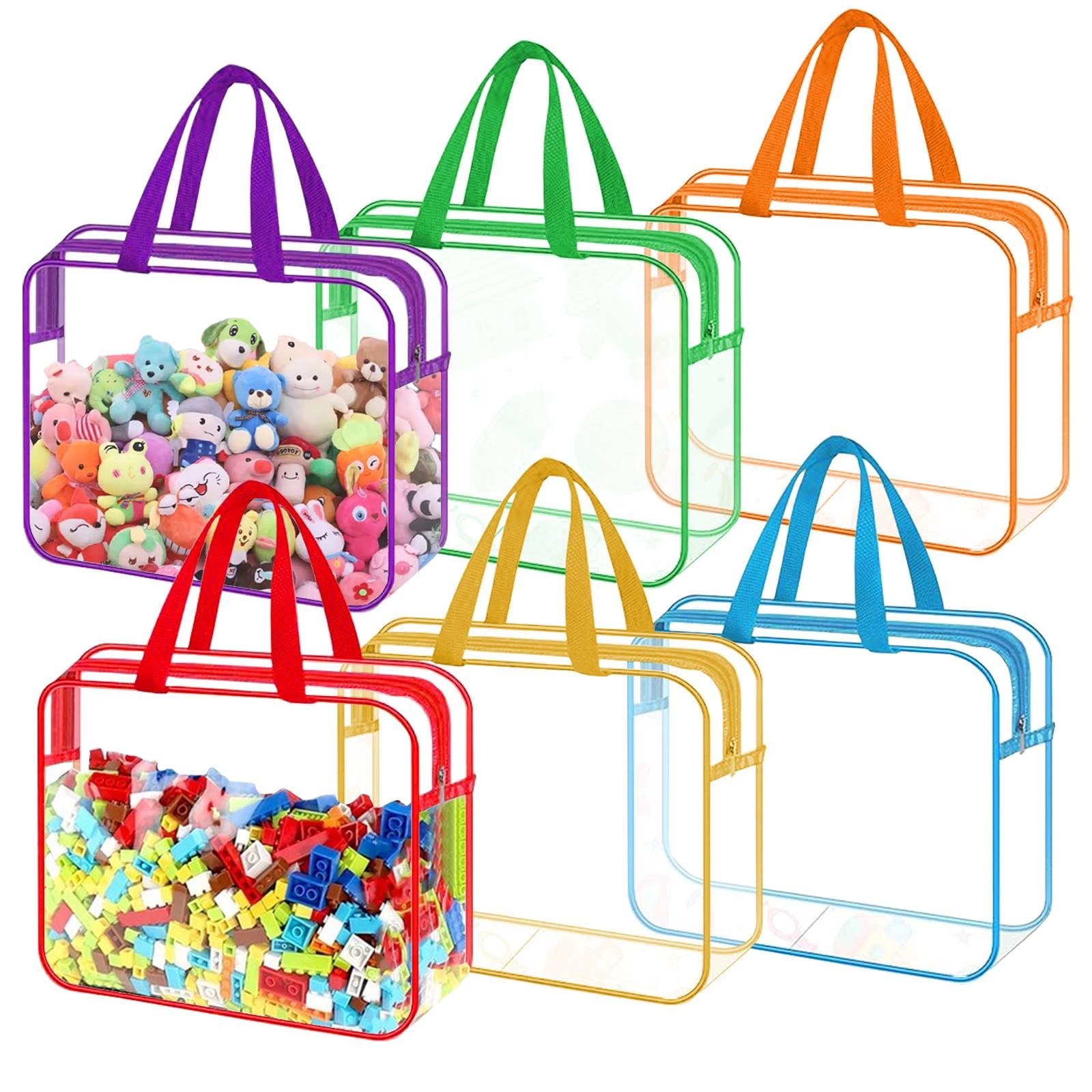 6 Colors Clear Toy Storage Bags with Handles,11.8x8.6x3.9in Waterproof PVC Organizing Bags with Zipper, Plastic Tote Bag Reusable Travelling Pouch for Puzzles, Book (6 COLOR) (6 color)