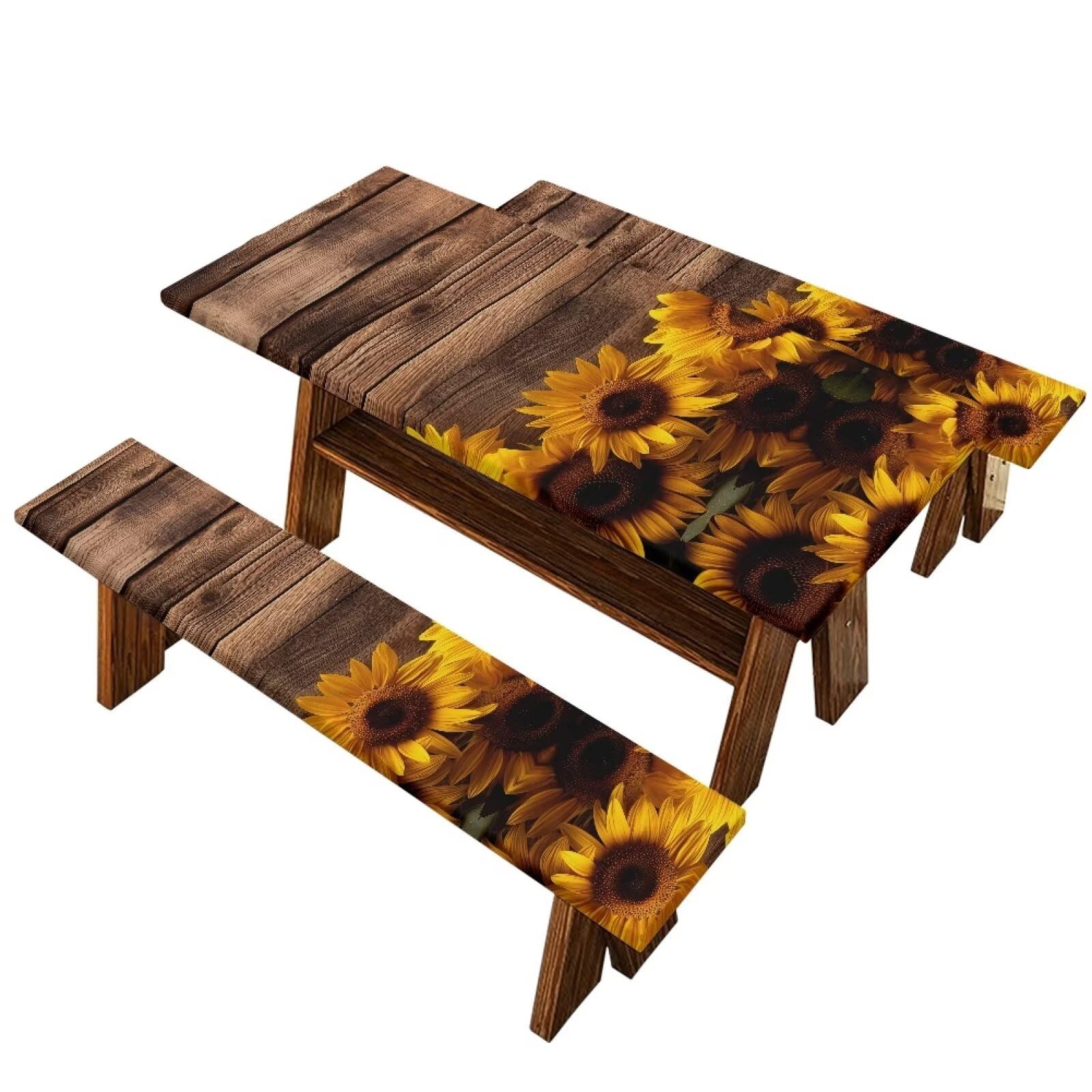 Hudotybom Picnic Table Cover with Bench Covers Wood Sunflower Camping Table Covers for 6 Foot Tables 3 Pcs Picnic Table Bench Covers Camping Essentials for Camper, 72x30 Inches