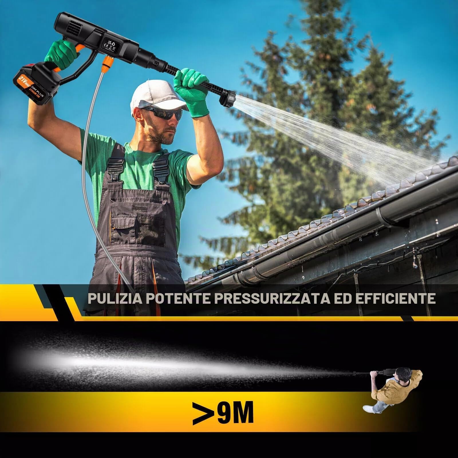 6in1 - Pistola ad acqua ad alta pressione senza fili, 21 V, 300 bar, 3000 psi, con 2 batterie 3.0 Ah, tubo da 5 metri