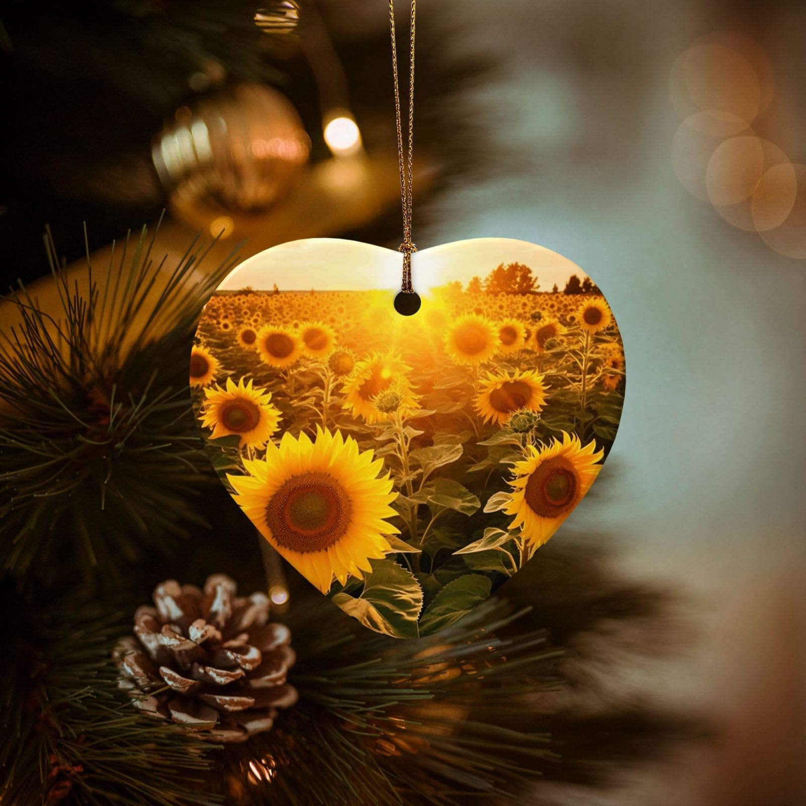 Christmas Ornaments for Christmas Tree Decoration Hanging Sunshine Sunflower Field Ornament with Gold Ribbon Crafts Heart Shape Ceramic Pendant for Keepsake Gifts Xmas Decor Party Supplies