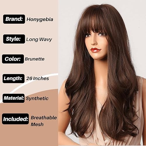Miniatura 3 de Honygebia - Peluca marrón oscuro con flequillo, pelucas largas onduladas morenas para mujer, cabello sintético color marrón chocolate, resistentes